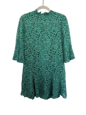 Zara Woman Green Lace Mini Dress With 3/4 Sleeves & High Neckline